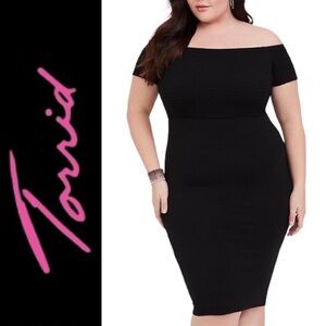 Torrid black jersey bodycon dress off the shoulder smocked bodice- 1X